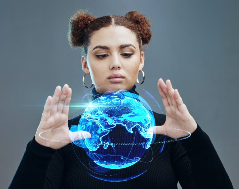 Globe hologram, futuristic tech and woman, technology innovation with future, ai and cyberspace aga